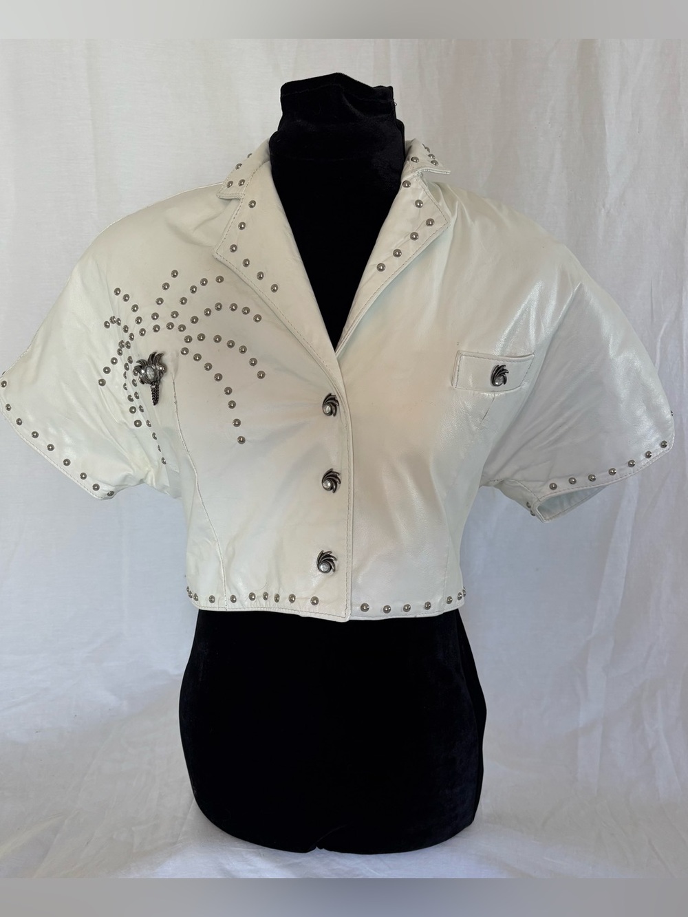 Vintage 80s Leather Ranch White Studded Leather Cropped Jacket Glam Rock Western